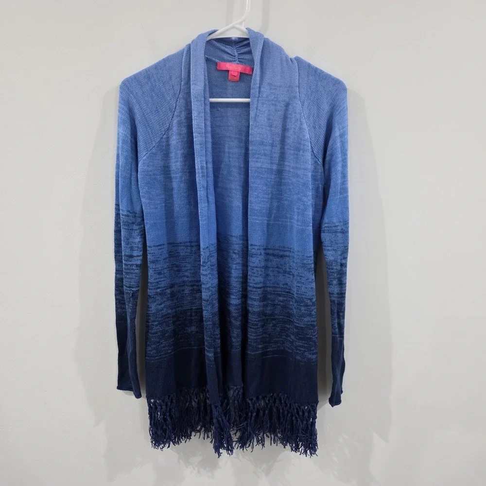 Lilly Pulitzer Womens Tatum Ombre Fringe Cardigan Sweater Size Xxs Blue Coastal‎